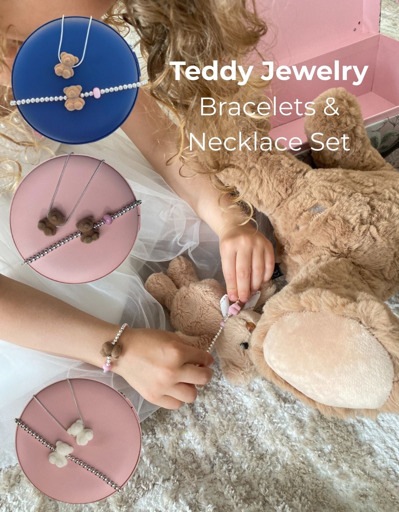 Children playing with teddy jewelry bracelets and necklaces on a soft surface.