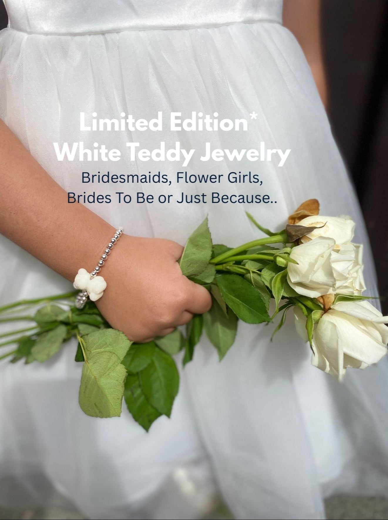 Person wearing a bracelet holding white flowers with text about limited edition jewelry.